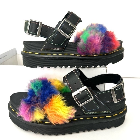 NWOB Dr. Marten Voss II Fluffy rainbow Pride faux fur sandals 7/38